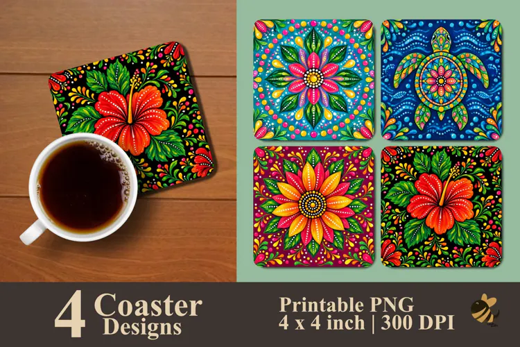 Vibrant Mandala Art & Tropical Flower Coaster Sublimation