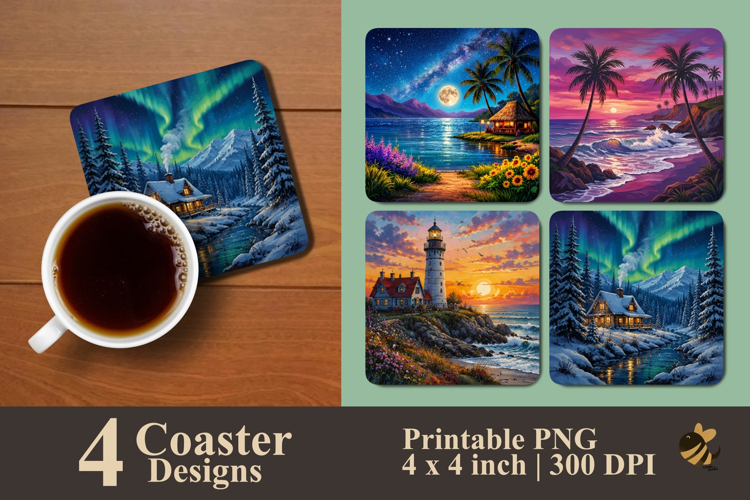 Aurora Glow Landscapes Coaster Sublimation Designs