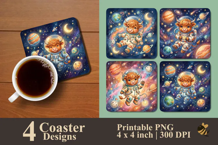 Astronaut Highland Cow Coaster Sublimation Designs