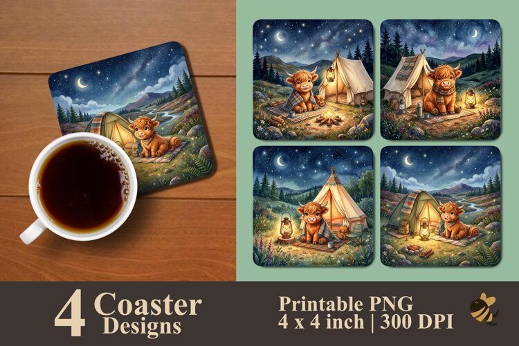 Camping Highland Cow And Starry Sky Coaster Sublimation example image 1