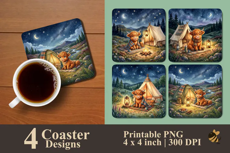 Camping Highland Cow And Starry Sky Coaster Sublimation