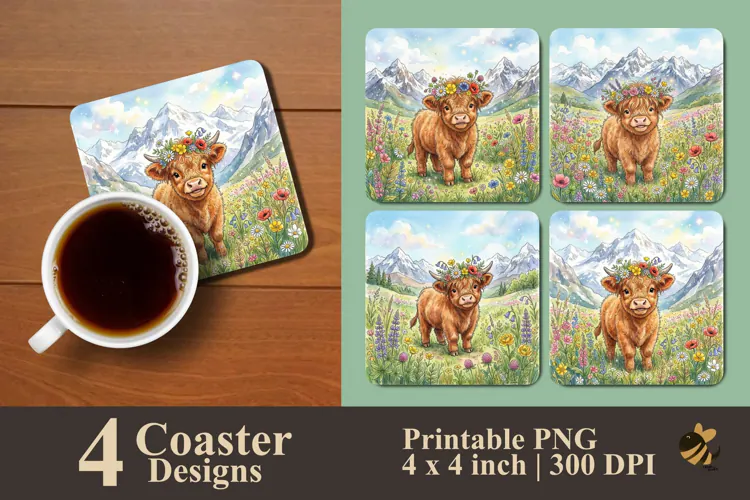 Cute Highland Cow in Mountain Meadow Coaster Sublimation