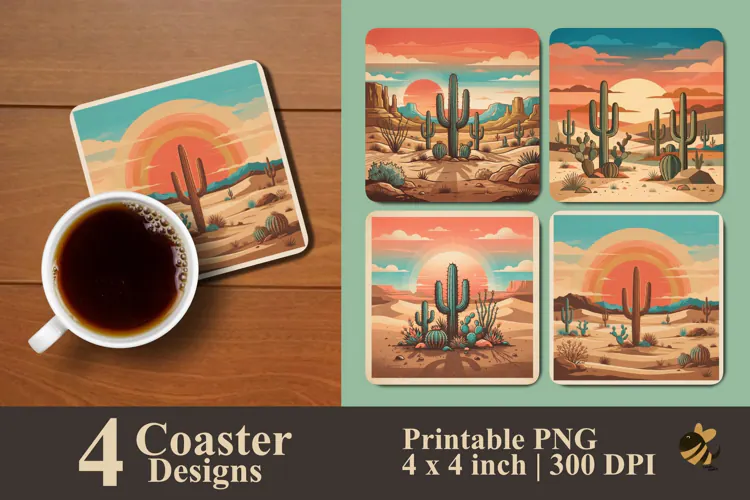 Sunset Cactus and Desert View Coaster Sublimation Designs