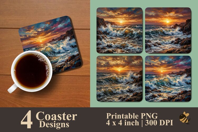 Oil Painting Ocean Sunset Coaster Sublimation Designs example image 1