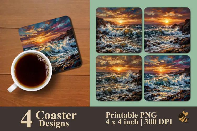 Oil Painting Ocean Sunset Coaster Sublimation Designs