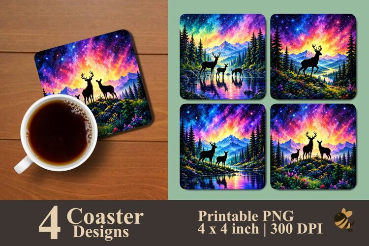Cosmic Deer & Aurora Mountain Coaster Sublimation example image 1