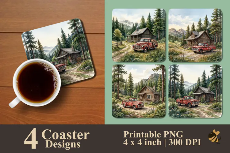 Rustic Cabin & Vintage Red Truck Coaster Sublimation Designs