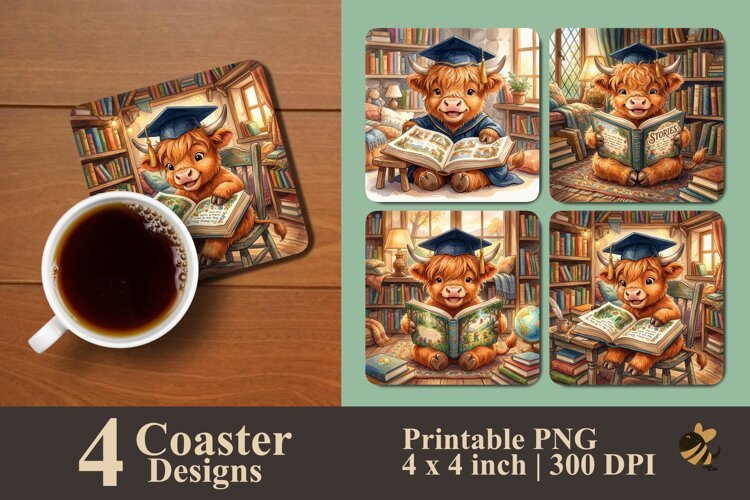 Highland Cow Reading Books Coaster Sublimation Designs example image 1