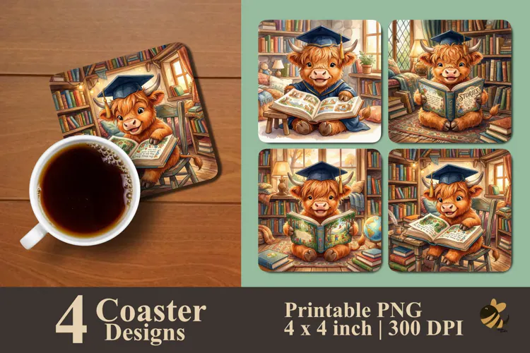 Highland Cow Reading Books Coaster Sublimation Designs