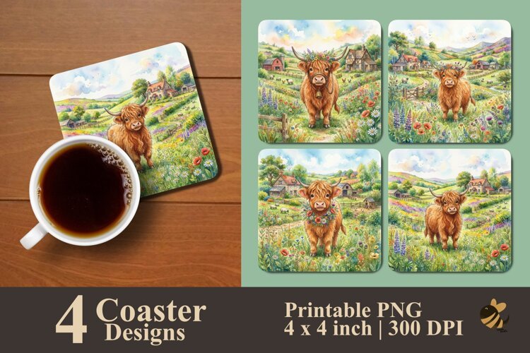 Highland Cow Country Meadow Coaster Sublimation Designs example image 1