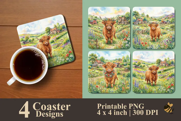 Highland Cow Country Meadow Coaster Sublimation Designs