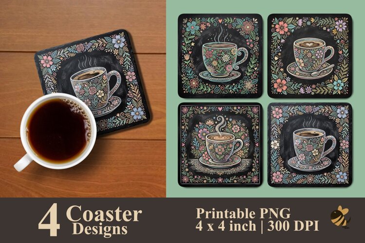 Vintage Chalk Art Coffee Coaster Sublimation Designs example image 1