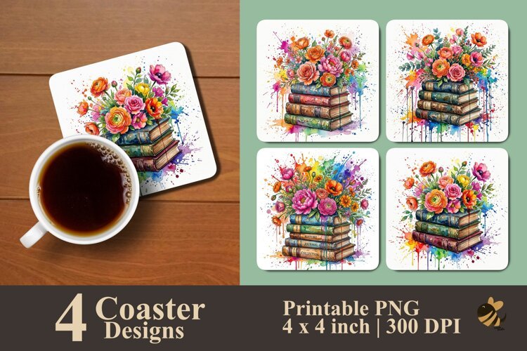 Stacked Books & Bouquet Coaster Sublimation Designs example image 1