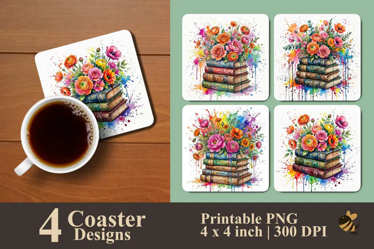 Stacked Books & Bouquet Coaster Sublimation Designs