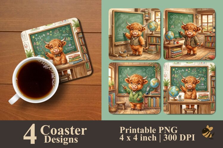Cute Teacher Highland Cow Coaster Sublimation Designs example image 1