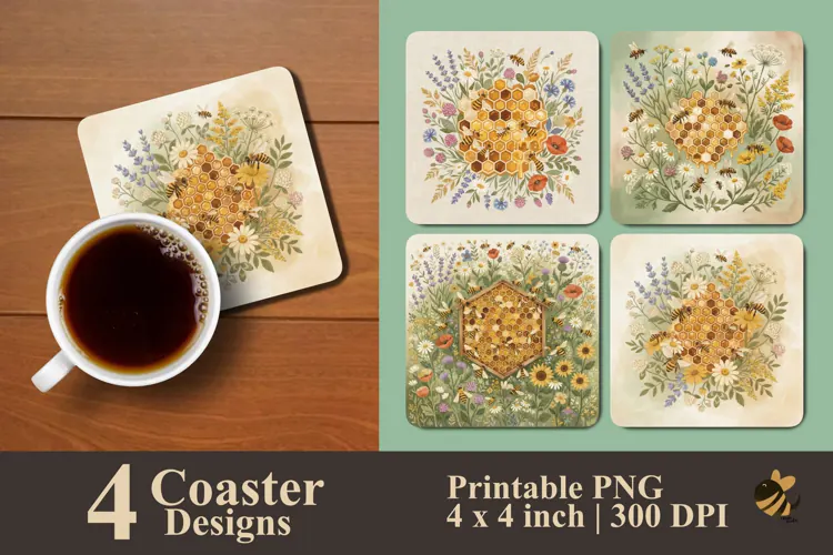 Rustic Honeycomb and Wildflower Coaster Sublimation Designs