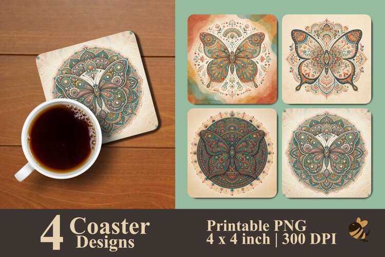 Boho Mandala Butterfly Coaster Sublimation Designs example image 1