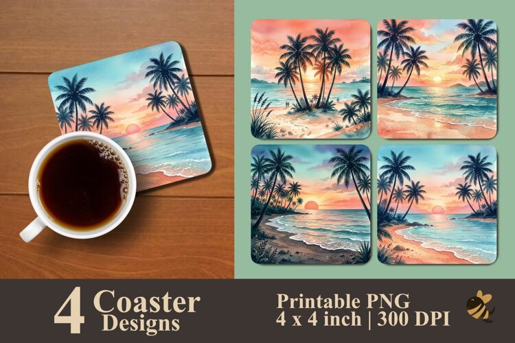 Palm Tree Ocean Sunset Coaster Sublimation Designs example image 1