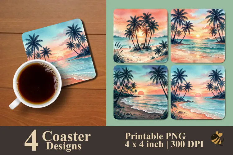 Palm Tree Ocean Sunset Coaster Sublimation Designs