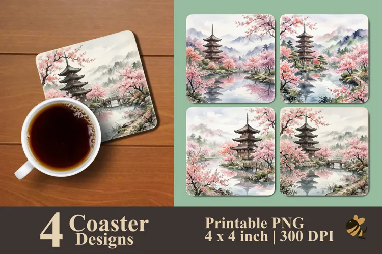 Japanese Pagoda & Cherry Blossom Coaster Sublimation Designs