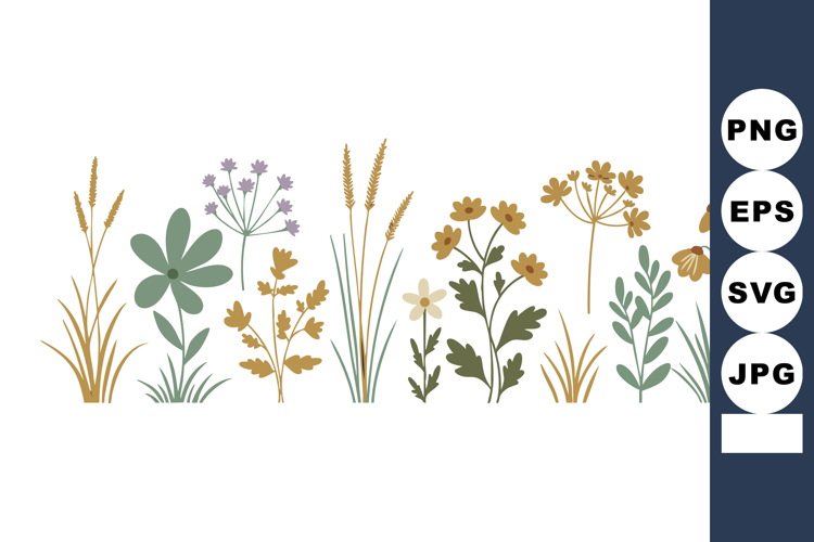 Wildflowers and Grasses Vector Illustration with Yellow and