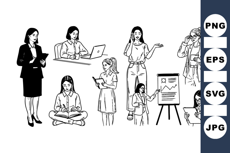Hand Drawn Business Woman Vector Illustration Set
