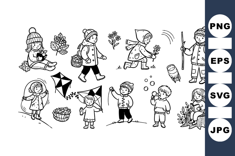 Cute Black White Kids Playing Outdoor Clipart Bundle
