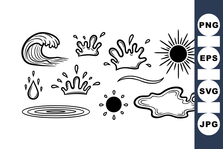 Hand Drawn Water Splash And Sun Vector Clipart Set