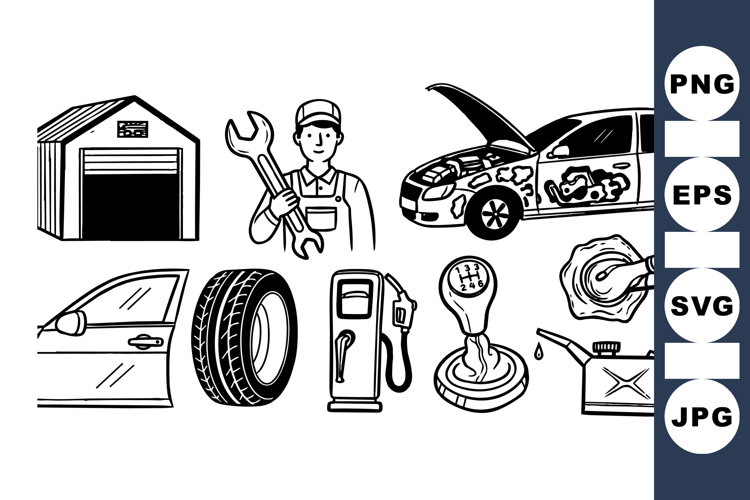 Hand Drawn Car Repair Vector Clipart Set Bundle