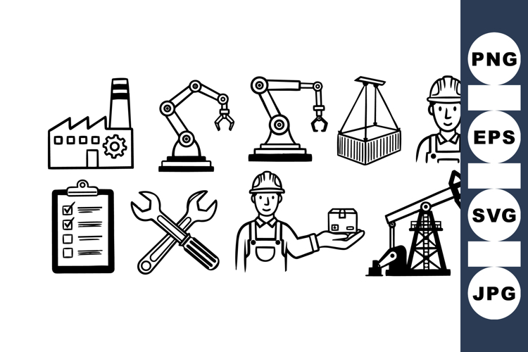 Industrial Worker And Machinery SVG Icon Set Bundle