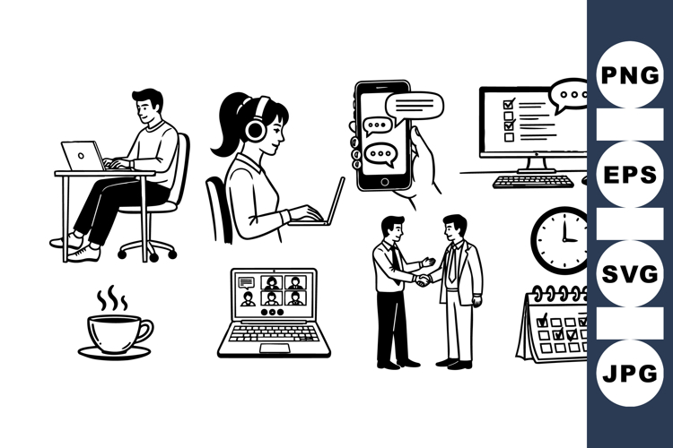 Remote Work Office Icons Vector Clipart Set For Projects