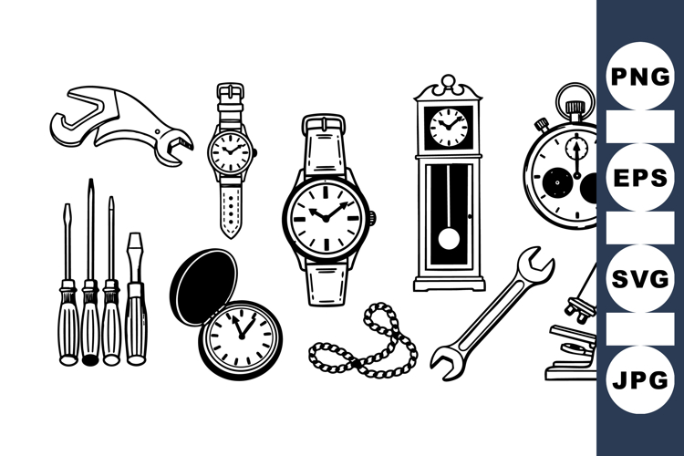 Hand Drawn Vintage Watch And Tool Clipart Set