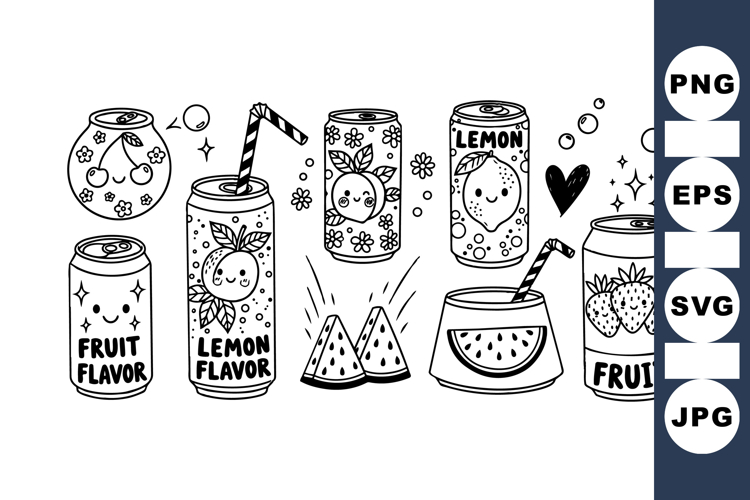 Hand Drawn Cute Fruit Soda Can Clipart Set