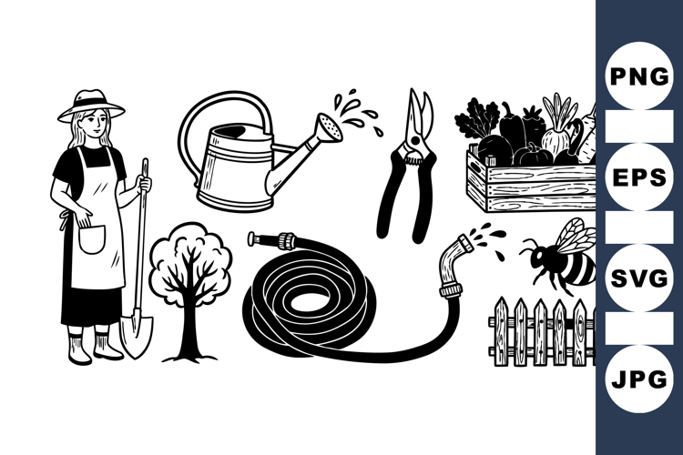Hand Drawn Garden Tools And Vegetable Harvest
