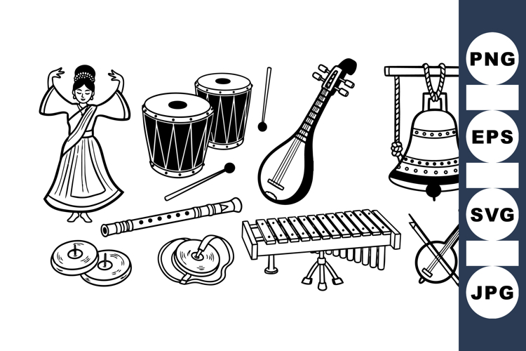 Hand Drawn Traditional Indian Musical Instruments Set