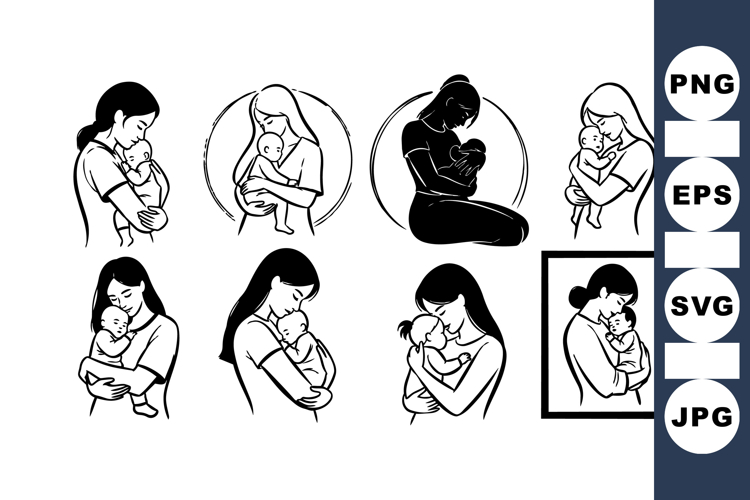 Mother And Child Black Silhouette Clipart Set