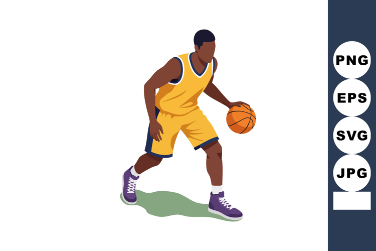 Basketball player dribbling ball in yellow uniform with purp