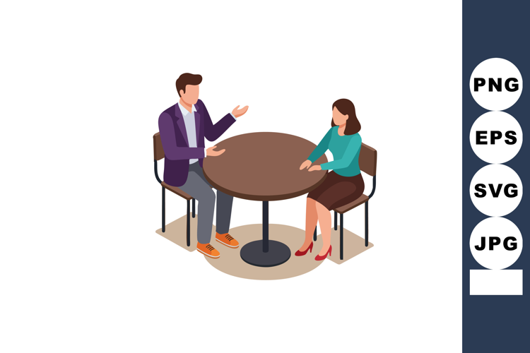 Business meeting between man and woman sitting at round tabl