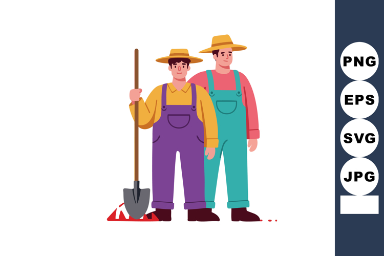 Two male farmers in colorful overalls and straw hats holding