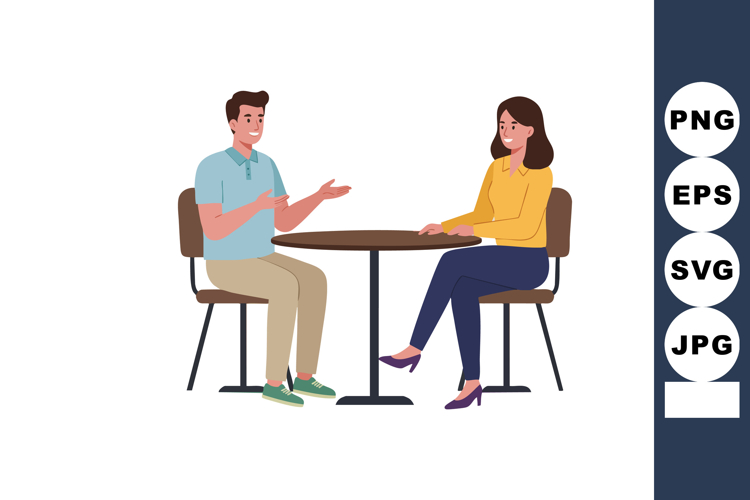 Young man and woman having friendly conversation sitting at
