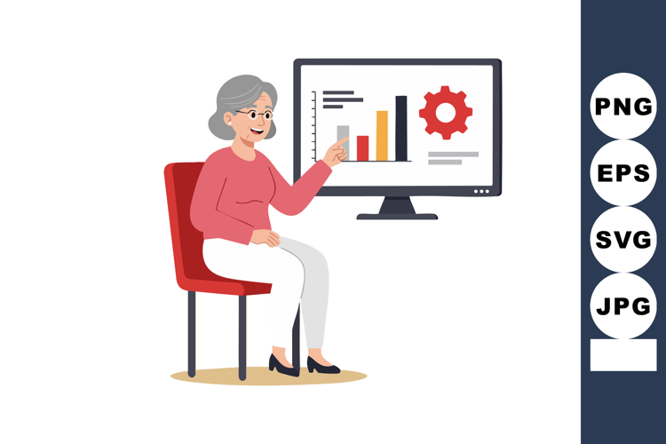 Elderly woman presenting business data on computer screen wi