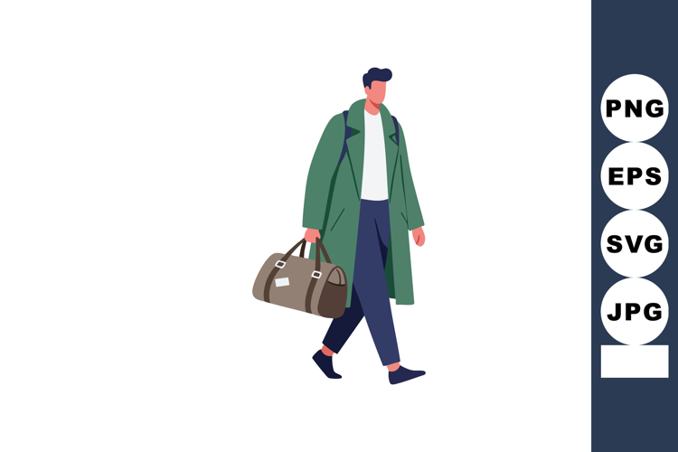 Man walking with green coat and brown duffle bag carrying tr