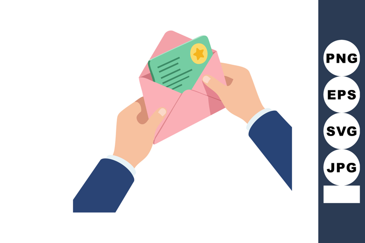 Hands holding pink envelope with green letter and golden sta