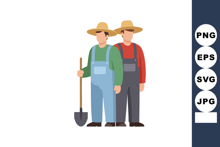 Two farmers wearing hats holding a shovel in workwear standi
