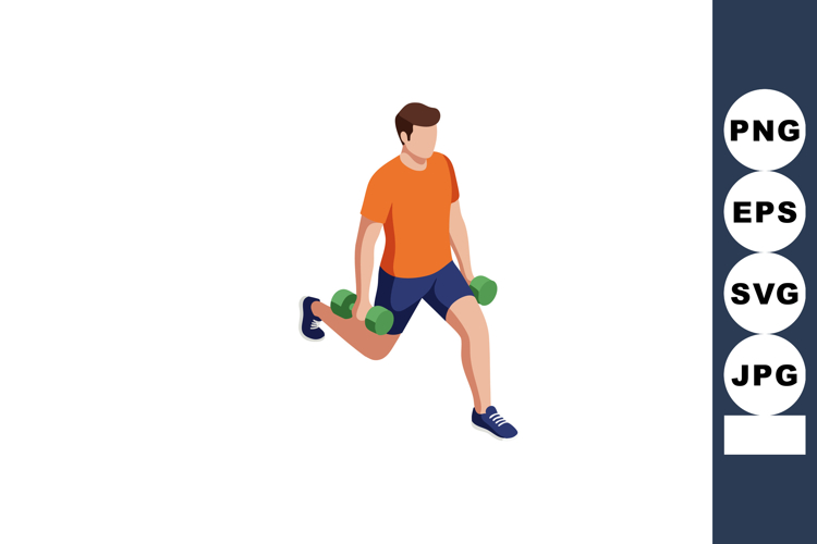 Man exercising with dumbbells doing lunges wearing orange sh