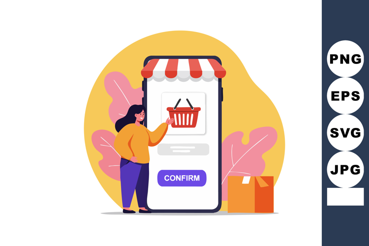 Online shopping mobile app with woman confirming basket purc