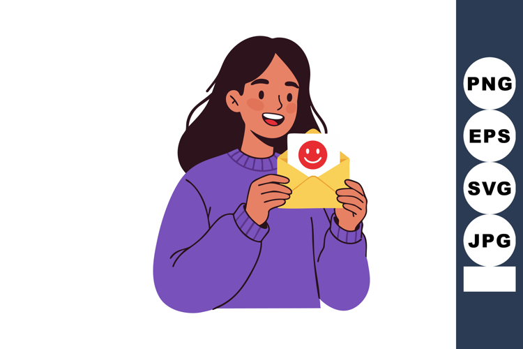 Young woman holding envelope with smiley face symbol happy p