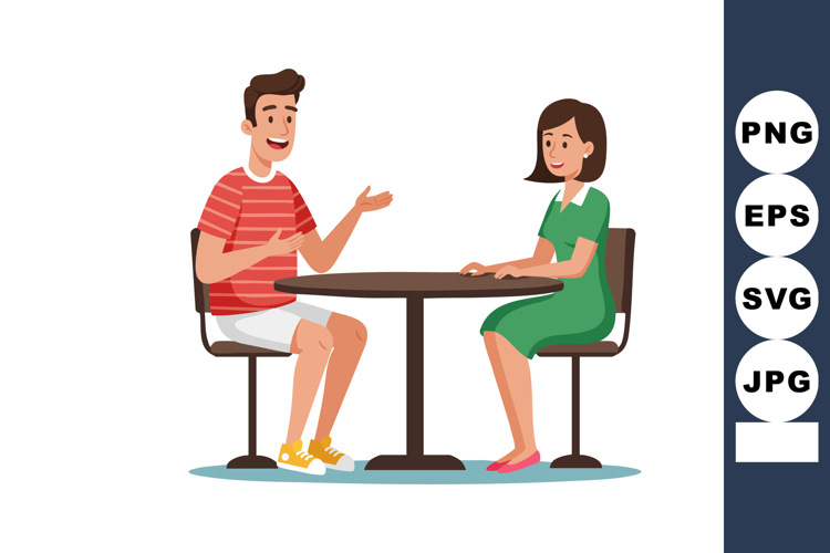Young man and woman sitting at table having friendly convers