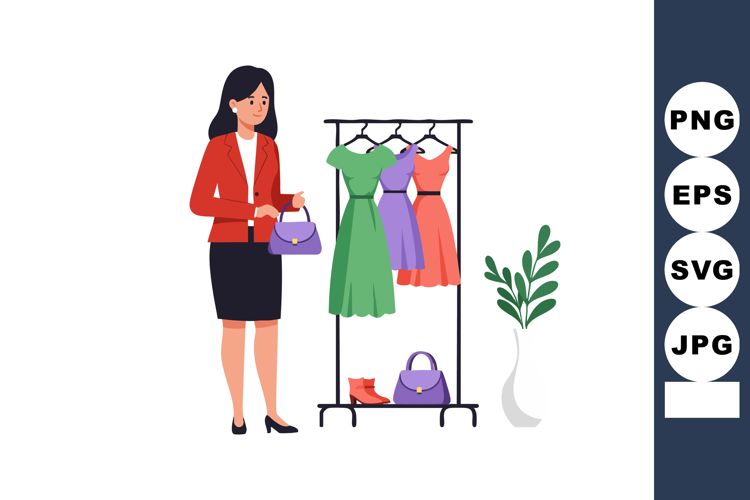Woman shopping for dresses holding purple handbag next to cl