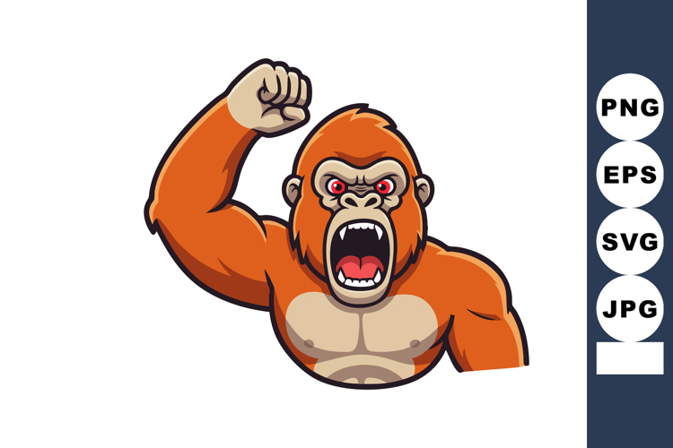 Angry gorilla raising fist with open mouth roaring aggressiv